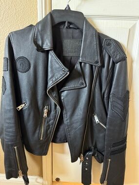 All Saints Black Leather Biker Jacket with Patch Details